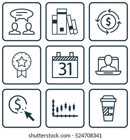 Set Of 9 Universal Editable Icons. Can Be Used For Web, Mobile And App Design. Includes Elements Such As Date, Present Badge, Stock Market And More.