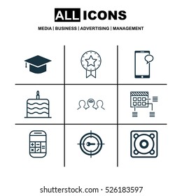 Set Of 9 Universal Editable Icons. Can Be Used For Web, Mobile And App Design. Includes Elements Such As Messaging, Music, Schedule And More.