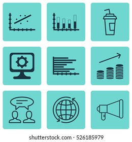 Set Of 9 Universal Editable Icons. Can Be Used For Web, Mobile And App Design. Includes Elements Such As Bars Chart, Drink Cup, PC And More.