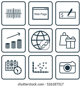 Set Of 9 Universal Editable Icons. Can Be Used For Web, Mobile And App Design. Includes Elements Such As Coins Growth, Cosinus Diagram, Appointment And More.
