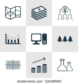 Set Of 9 Universal Editable Icons. Can Be Used For Web, Mobile And App Design. Includes Elements Such As Dollar Salary, Desktop Computer, Segmented Bar Graph And More.