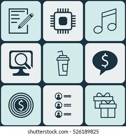 Set Of 9 Universal Editable Icons. Can Be Used For Web, Mobile And App Design. Includes Elements Such As Paper, Crotchets, Chip And More.