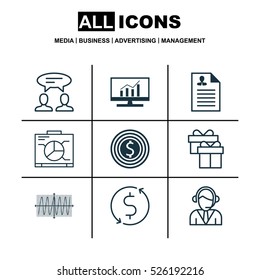 Set Of 9 Universal Editable Icons. Can Be Used For Web, Mobile And App Design. Includes Elements Such As Curriculum Vitae, Operator, Money Trasnfer And More.