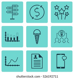 Set Of 9 Universal Editable Icons. Can Be Used For Web, Mobile And App Design. Includes Elements Such As Curriculum Vitae, Achievement Graph, Frozen Food And More.