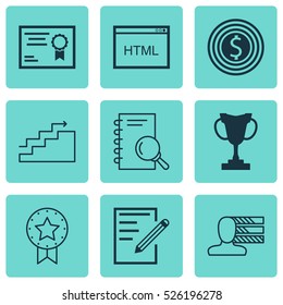 Set Of 9 Universal Editable Icons. Can Be Used For Web, Mobile And App Design. Includes Elements Such As Certificate, Business Goal, Paper And More.
