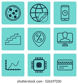 Set Of 9 Universal Editable Icons. Can Be Used For Web, Mobile And App Design. Includes Elements Such As Achievement Graph, Growth, Connectivity And More.