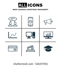 Set Of 9 Universal Editable Icons. Can Be Used For Web, Mobile And App Design. Includes Elements Such As Market Research, Dialogue, Plastic Card And More.