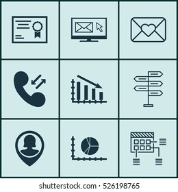 Set Of 9 Universal Editable Icons. Can Be Used For Web, Mobile And App Design. Includes Elements Such As Circle Graph, Cellular Data, Certificate And More.