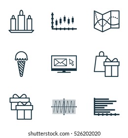 Set Of 9 Universal Editable Icons. Can Be Used For Web, Mobile And App Design. Includes Elements Such As Road Map, Newsletter, Stock Market And More.