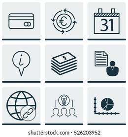 Set Of 9 Universal Editable Icons. Can Be Used For Web, Mobile And App Design. Includes Elements Such As Info Pointer, Dollar Salary, Circle Graph And More.