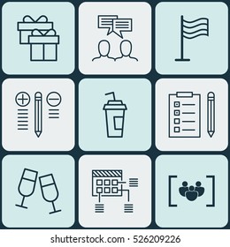 Set Of 9 Universal Editable Icons. Can Be Used For Web, Mobile And App Design. Includes Elements Such As Decision Making, Champagne Glasses, Discussion And More.