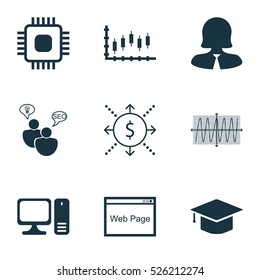 Set Of 9 Universal Editable Icons. Can Be Used For Web, Mobile And App Design. Includes Elements Such As Business Woman, Website, Graduation And More.