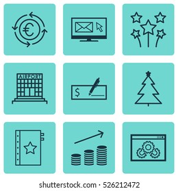 Set Of 9 Universal Editable Icons. Can Be Used For Web, Mobile And App Design. Includes Elements Such As Currency Recycle, Airport Construction, Decorated Tree And More.