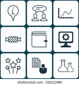 Set Of 9 Universal Editable Icons. Can Be Used For Web, Mobile And App Design. Includes Elements Such As Report, Dialogue, Achievement Graph And More.