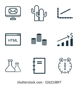 Set Of 9 Universal Editable Icons. Can Be Used For Web, Mobile And App Design. Includes Elements Such As Spiral Notebook, Cacti, Successful Investment And More.