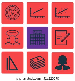 Set Of 9 Universal Editable Icons. Can Be Used For Web, Mobile And App Design. Includes Elements Such As Hotel Construction, Dialogue, Business Woman And More.