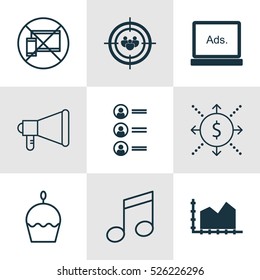 Set Of 9 Universal Editable Icons. Can Be Used For Web, Mobile And App Design. Includes Elements Such As Birthday Cake, Money, Sequence Graphics And More.