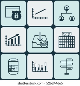 Set Of 9 Universal Editable Icons. Can Be Used For Web, Mobile And App Design. Includes Elements Such As Segmented Bar Graph, Line Graph, Tree Structure And More.