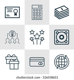 Set Of 9 Universal Editable Icons. Can Be Used For Web, Mobile And App Design. Includes Elements Such As Plastic Card, Investment, Present And More.