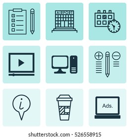 Set Of 9 Universal Editable Icons. Can Be Used For Web, Mobile And App Design. Includes Elements Such As Takeaway Coffee, Appointment, Airport Construction And More.