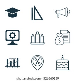 Set Of 9 Universal Editable Icons. Can Be Used For Web, Mobile And App Design. Includes Elements Such As Celebration Cake, Wax, Keyword Optimisation And More.