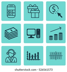 Set Of 9 Universal Editable Icons. Can Be Used For Web, Mobile And App Design. Includes Elements Such As Calculation, PPC, Desktop Computer And More.
