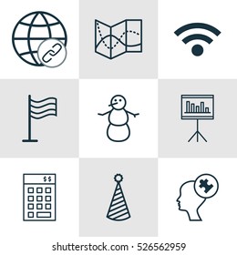 Set Of 9 Universal Editable Icons. Can Be Used For Web, Mobile And App Design. Includes Elements Such As Human Mind, Road Map, Winter And More.
