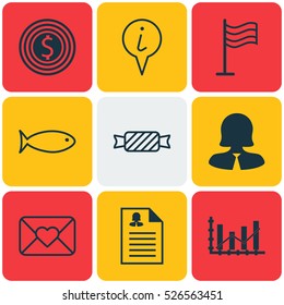 Set Of 9 Universal Editable Icons. Can Be Used For Web, Mobile And App Design. Includes Elements Such As Business Woman, Business Goal, Fishing And More.