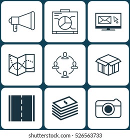 Set Of 9 Universal Editable Icons. Can Be Used For Web, Mobile And App Design. Includes Elements Such As Street, Photo Camera, Announcement And More.