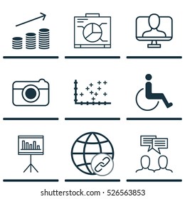 Set Of 9 Universal Editable Icons. Can Be Used For Web, Mobile And App Design. Includes Elements Such As Presentation, Coins Growth, Plot Diagram And More.