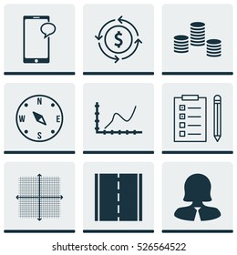 Set Of 9 Universal Editable Icons. Can Be Used For Web, Mobile And App Design. Includes Elements Such As Achievement Graph, Locate, Money Recycle And More.