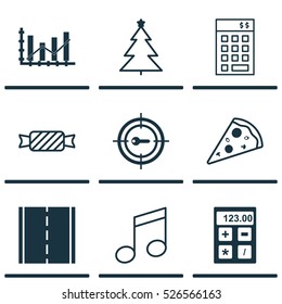 Set Of 9 Universal Editable Icons. Can Be Used For Web, Mobile And App Design. Includes Elements Such As Financial, Photo Camera, Raise Diagram And More.