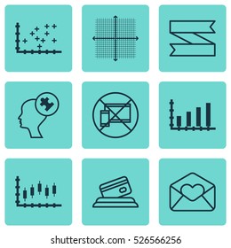 Set Of 9 Universal Editable Icons. Can Be Used For Web, Mobile And App Design. Includes Elements Such As Credit Card, Dynamics, Graphical Grid And More.
