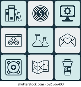 Set Of 9 Universal Editable Icons. Can Be Used For Web, Mobile And App Design. Includes Elements Such As PC, Library, Chemical And More.