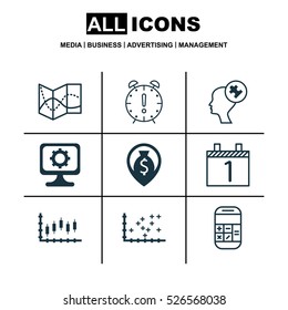 Set Of 9 Universal Editable Icons. Can Be Used For Web, Mobile And App Design. Includes Elements Such As PC, Calculation, Time Management And More.