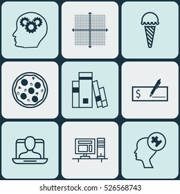 Set Of 9 Universal Editable Icons. Can Be Used For Web, Mobile And App Design. Includes Elements Such As Library, Computer, Pizza Meal And More.