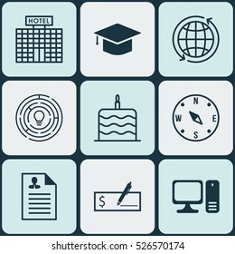 Set Of 9 Universal Editable Icons. Can Be Used For Web, Mobile And App Design. Includes Elements Such As Curriculum Vitae, Celebration Cake, Locate And More.