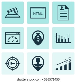 Set Of 9 Universal Editable Icons. Can Be Used For Web, Mobile And App Design. Includes Elements Such As Segmented Bar Graph, Employee Location, Keyword Marketing And More.