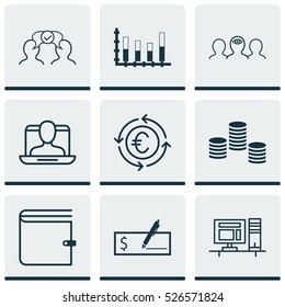 Set Of 9 Universal Editable Icons. Can Be Used For Web, Mobile And App Design. Includes Elements Such As Segmented Bar Graph, Wallet, Computer And More.