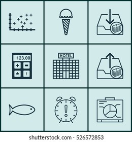 Set Of 9 Universal Editable Icons. Can Be Used For Web, Mobile And App Design. Includes Elements Such As Frozen Food, Paid Upload, Hotel Construction And More.
