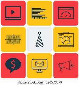 Set Of 9 Universal Editable Icons. Can Be Used For Web, Mobile And App Design. Includes Elements Such As Bars Chart, Loading Speed, Birthday Hat And More.