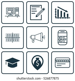 Set Of 9 Universal Editable Icons. Can Be Used For Web, Mobile And App Design. Includes Elements Such As Media Campaign, Cosinus Diagram, Money Navigation And More.