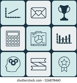 Set Of 9 Universal Editable Icons. Can Be Used For Web, Mobile And App Design. Includes Elements Such As Blank Ribbon, Present Badge, Brain Process And More.