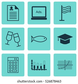 Set Of 9 Universal Editable Icons. Can Be Used For Web, Mobile And App Design. Includes Elements Such As Digital Media, Segmented Bar Graph, Female Application And More.