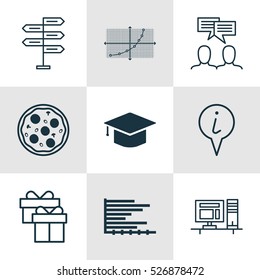 Set Of 9 Universal Editable Icons. Can Be Used For Web, Mobile And App Design. Includes Elements Such As Graduation, Computer, Bars Chart And More.