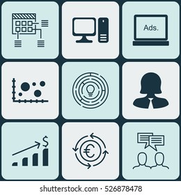 Set Of 9 Universal Editable Icons. Can Be Used For Web, Mobile And App Design. Includes Elements Such As Innovation, Business Woman, Successful Investment And More.