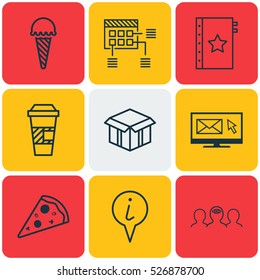 Set Of 9 Universal Editable Icons. Can Be Used For Web, Mobile And App Design. Includes Elements Such As Sliced Pizza, Info Pointer, Warranty And More.
