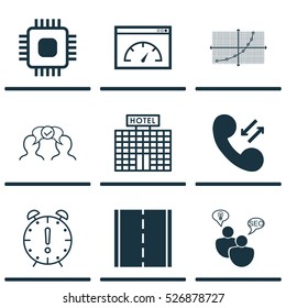 Set Of 9 Universal Editable Icons. Can Be Used For Web, Mobile And App Design. Includes Elements Such As Time Management, Hotel Construction, SEO Brainstorm And More.