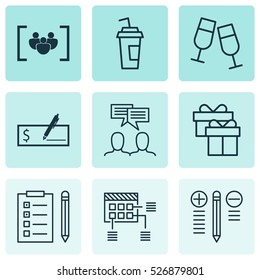Set Of 9 Universal Editable Icons. Can Be Used For Web, Mobile And App Design. Includes Elements Such As Drink Cup, Decision Making, Champagne Glasses And More.