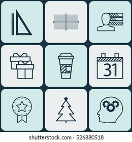 Set Of 9 Universal Editable Icons. Can Be Used For Web, Mobile And App Design. Includes Elements Such As Measurement, Square Diagram, Takeaway Coffee And More.